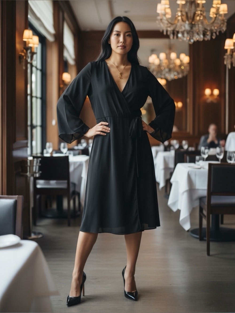 Halston Black Wrap Wide Sleeve Tie Sash Midi Dress Size Small